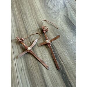 Handmade Hammered Copper Cross Wrapped Earrings Religious Unique